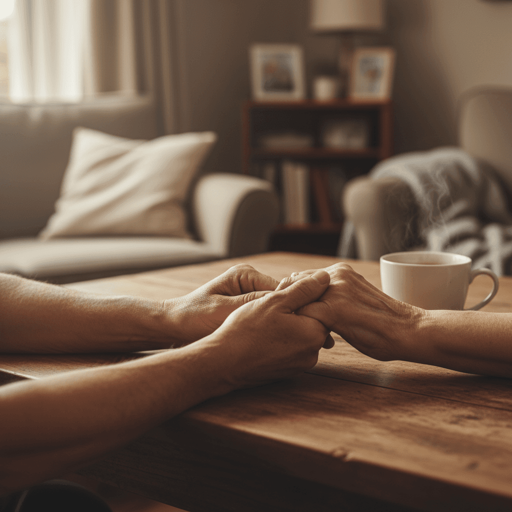 Senior and caregiver hand connection moment